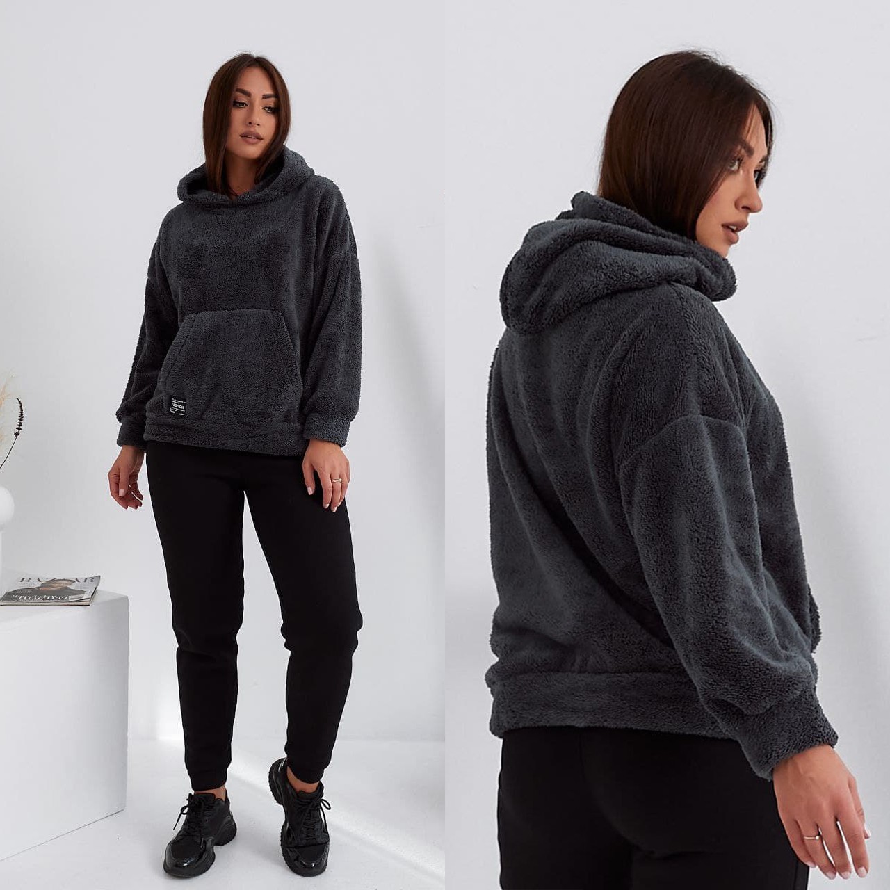 

Теплый женский костюм с махровым худи XL-2XL (-) серый с черным, Теплый женский костюм с махровым худи XL-2XL (52-54) серый с черным
