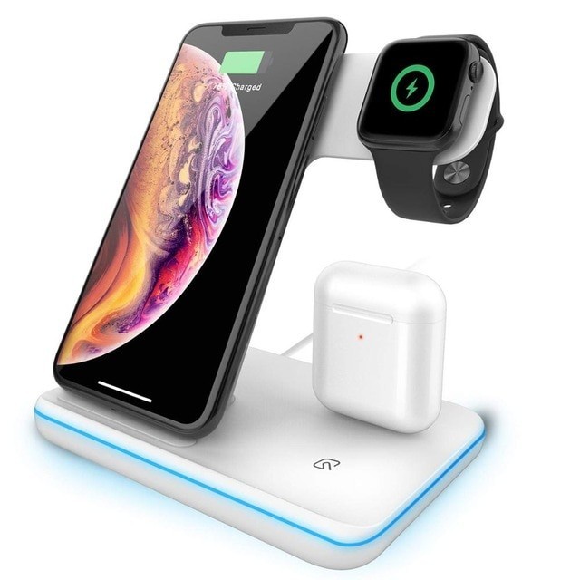 

Беспроводное зарядное устройство 3 в 1 Qi 15 Вт, Apple Watch iWatch 7 6 AirPods Pro iPhone 13 12 11 XS / XR / 8 White