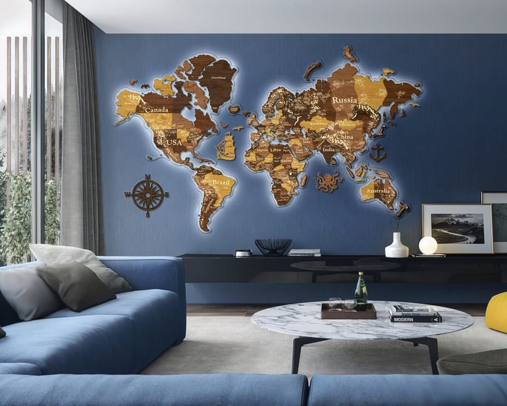 

Деревянная карта мира многослойная с подсветкой на стену из дерева LikeWood Perfect World 3D Led на акриловой стекле S 130 × 78 см Дуб и кипарис