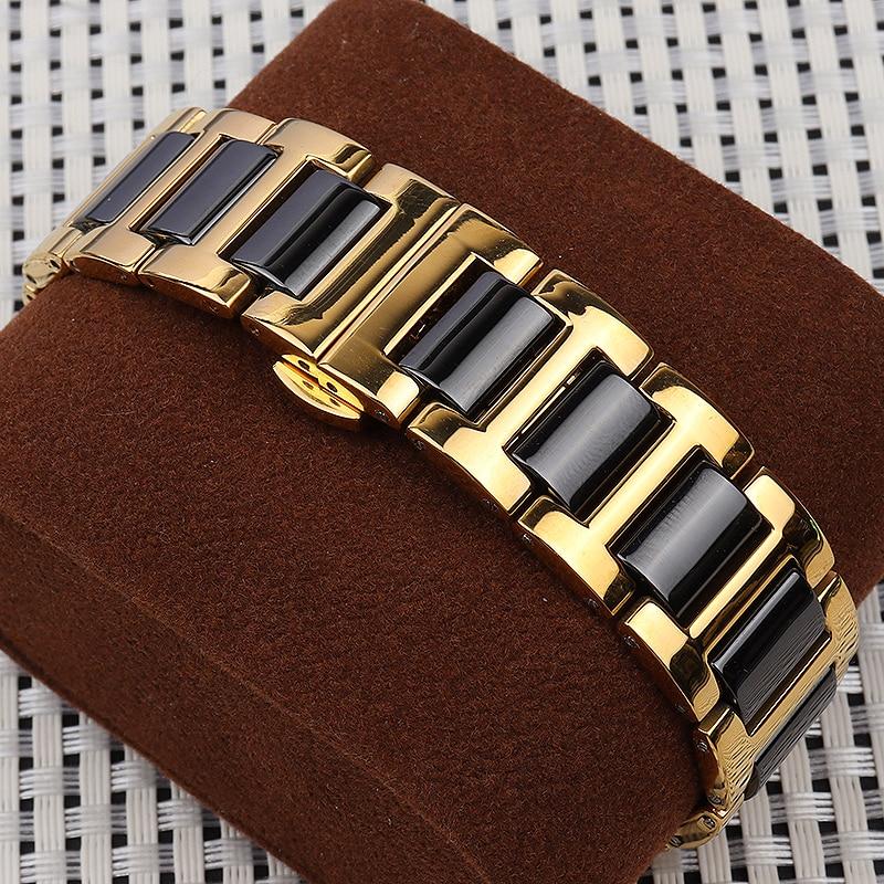 

Браслет для часов из нержавеющей стали с керамическими звеньями, литой, полированный, золотисто-черный. 22 мм
