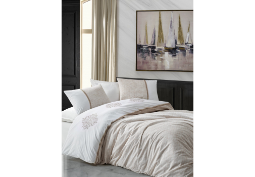 

Комплект постельного белья с вышивкой Cotton Box Carel Kahve 200x220 Бело-бежевый