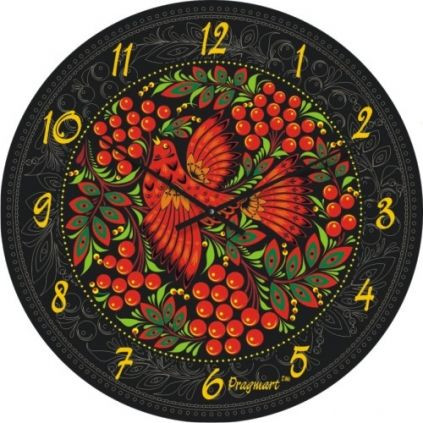 

Часы настенные "Хохлома с птицей" черные бесшумные Pragmart-281-300 [Стекло, механизм Hermle] 50х50 см