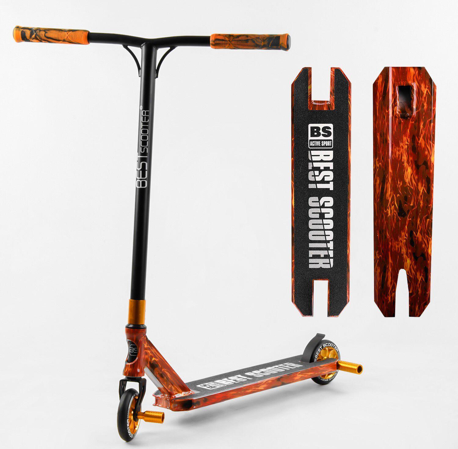 

Самокат трюковый Best Scooter Active Sport BS-77225 HIC-система, пеги, алюминиевый диск и дека с принтом, колёса PU 110мм Черно-оранжевый