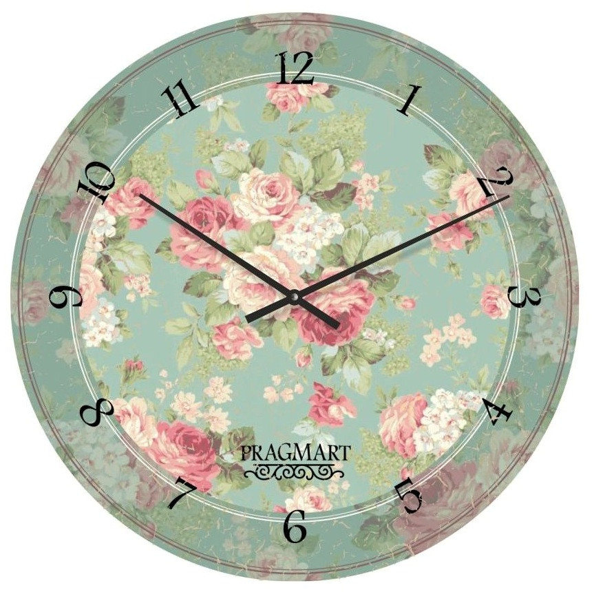 

Часы настенные кантри "Розы" бесшумные Pragmart-609-300 [Стекло, механизм Hermle] Голубой 45х45 см