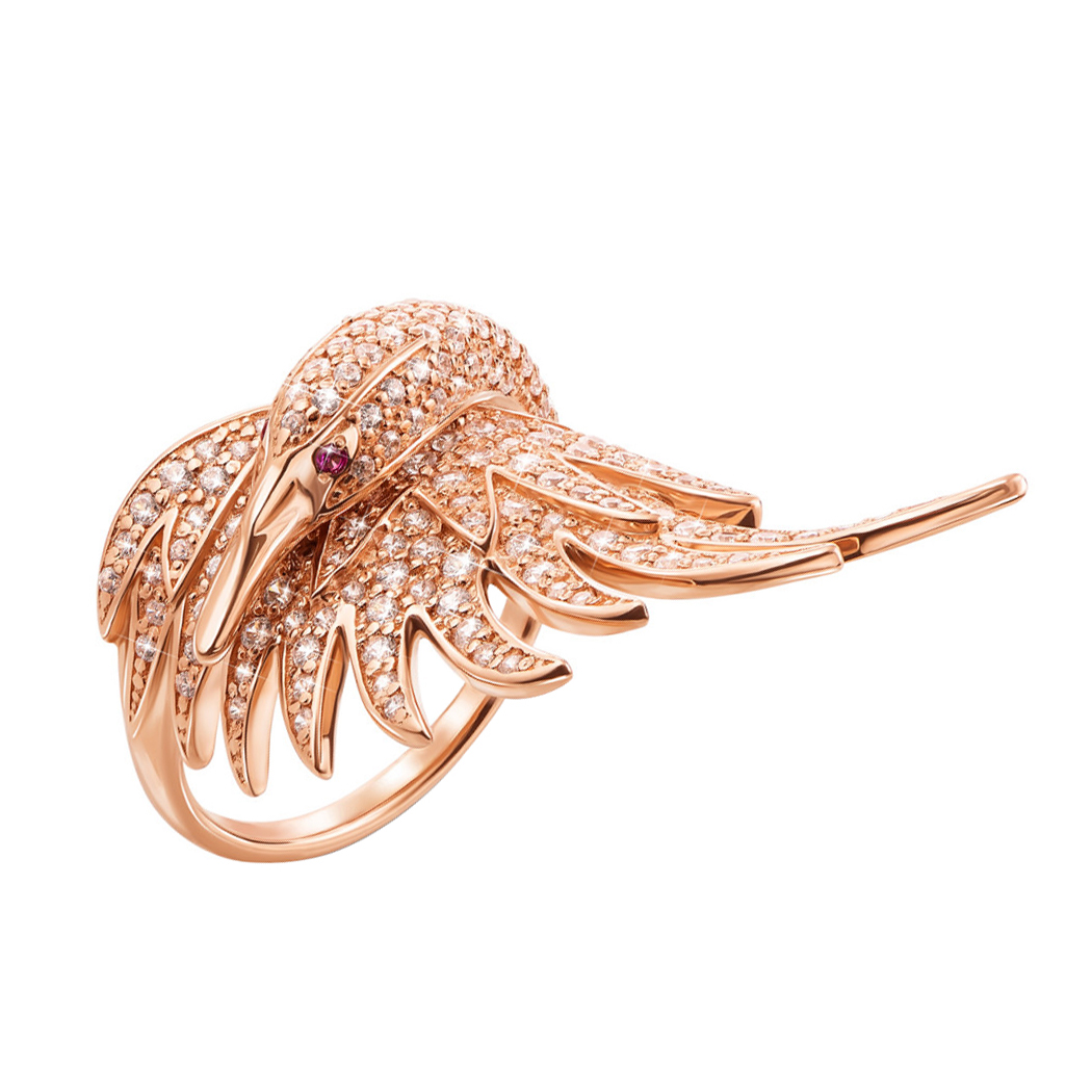 

Золотое кольцо Прекрасный лебедь в красном цвете с белыми и красным фианитами 000129304 16 размера