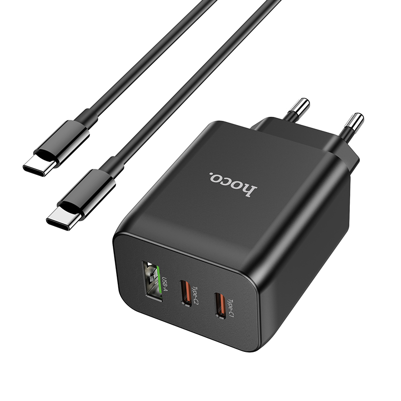

Зарядное устройство с быстрой зарядкой + кабель Type-C HOCO N18 |1USB/2Type-C, 65W, 5A, QC/PD| Черный
