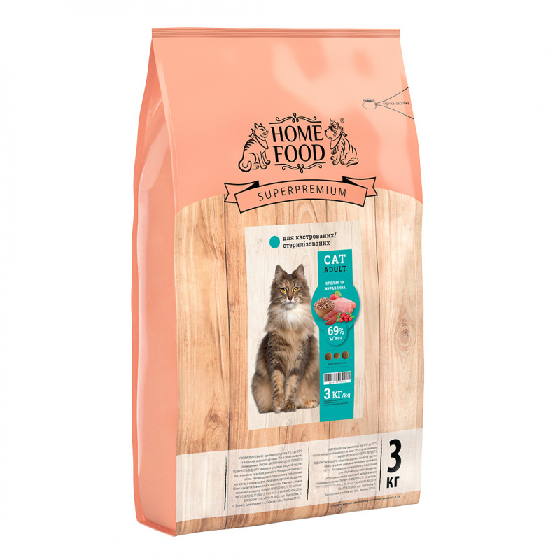 

Корм для стерилизованных кошек Home Food с кроликом и клюквой 3 кг (4828333380300)