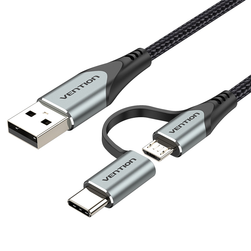 

Кабель 2 в 1 USB-MicroUSB-Type-C Vention TPE Nylon 3А 480Mbps nickel-plated 0.5m Black