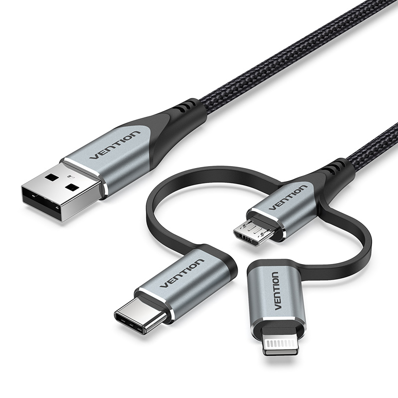 

Кабель 3 в 1 USB-MicroUSB-Type-C-Lightning Vention TPE Nylon MFi C89 2А 480Mbps nickel-plated 1m Grey