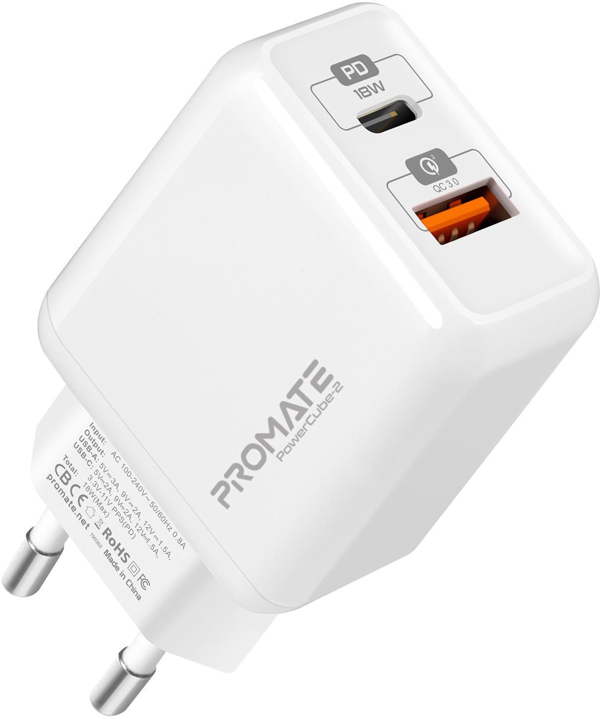 

Сетевое зарядное устройство Promate PowerCube-2 18 Вт Type-C PD + USB QC 3.0 White (powercube-2.white)