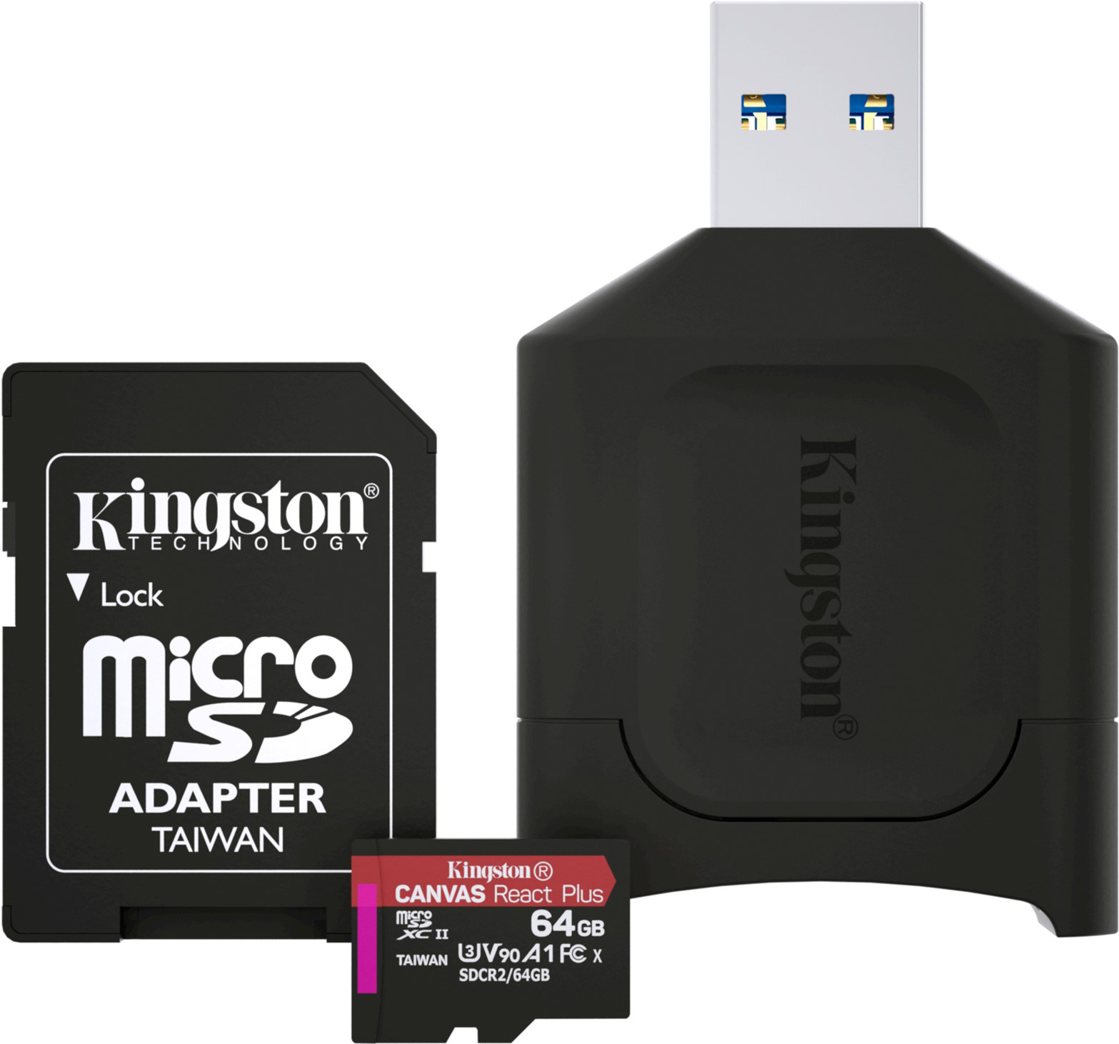 Акція на Kingston MicroSDXC 64GB Canvas React Plus Class 10 UHS-II U3 V90 A1 + SD-адаптер + USB-кардридер (MLPMR2/64GB) від Rozetka UA