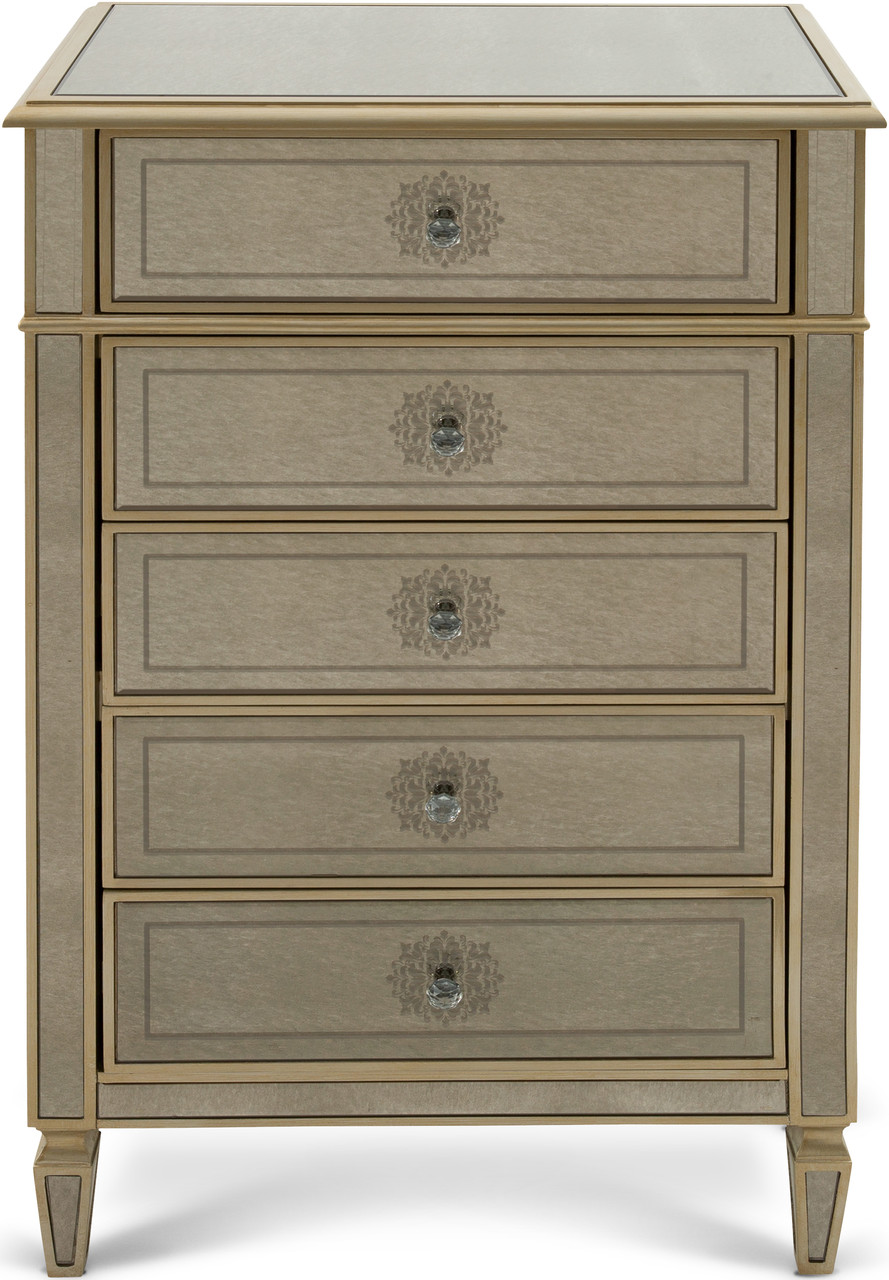 

Комод зеркальный высокий 5 выдвижных ящиков Cory Antique mirror Carveli