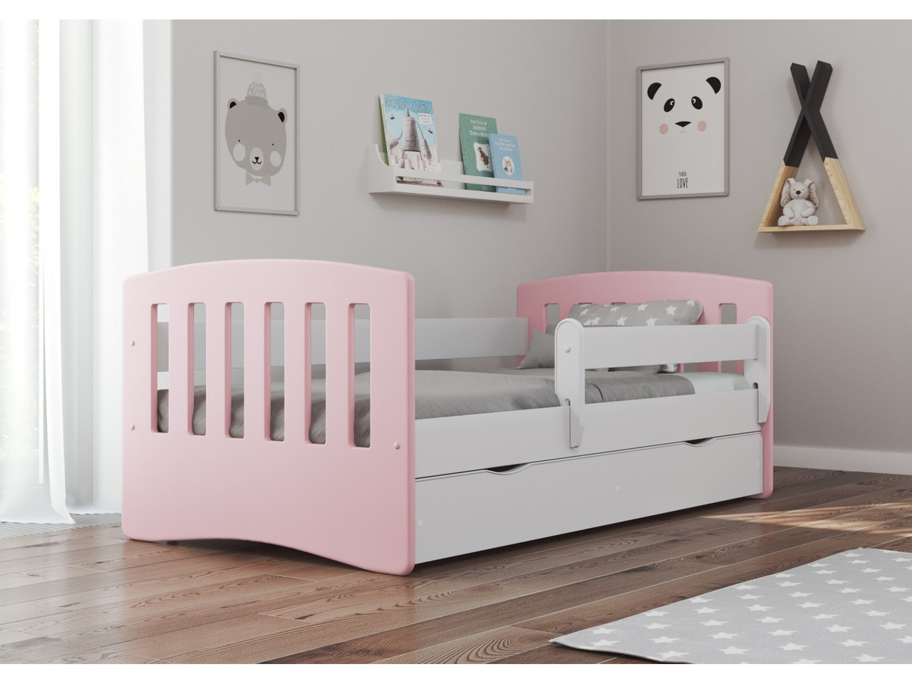 

Кроватка детская Kocot Kids Classic 1 Mix Розовый/Белый односпальная с перилами и ящиком на колесах + ламели FLEX