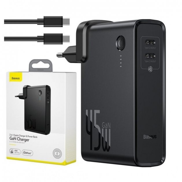 

Зарядное устройство Baseus Charger & Powerbank 45W 10000mAh + кабель Type-C to Type-C 60W 1m black