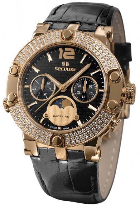 

Женские часы Seculus 1690.5.706 black, pvd-r with stones, black leather