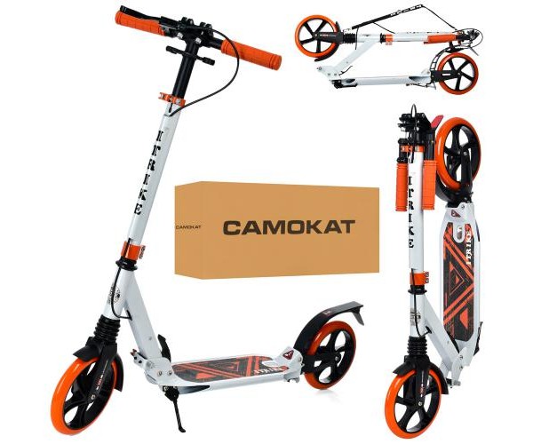 

Двухколесный самокат iTrike SR 2-018-10-WOR с двумя амортизаторами, ручным тормозом, Бело-оранжевый