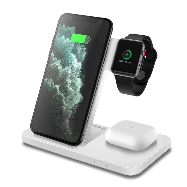 

​Беспроводное зарядное устройство 3 в 1 Qi 15 Вт для iPhone 12 11 Pro XS MAX XR X 8 Apple Watch SE 6 5 4 3 AirPods White