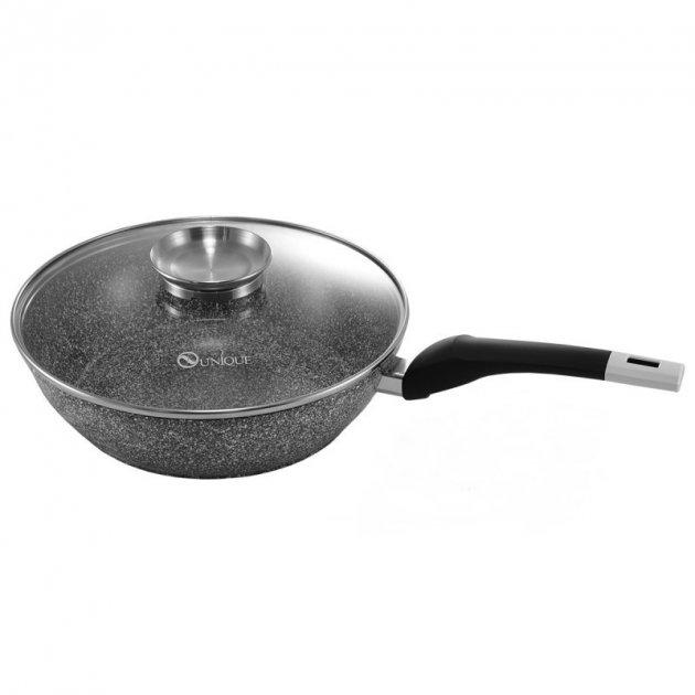 

Сковорода антипригарная глубокая с крышкой UNIQUE UN-5171 24 см WOK Granite Cap универсальная для дома Серый