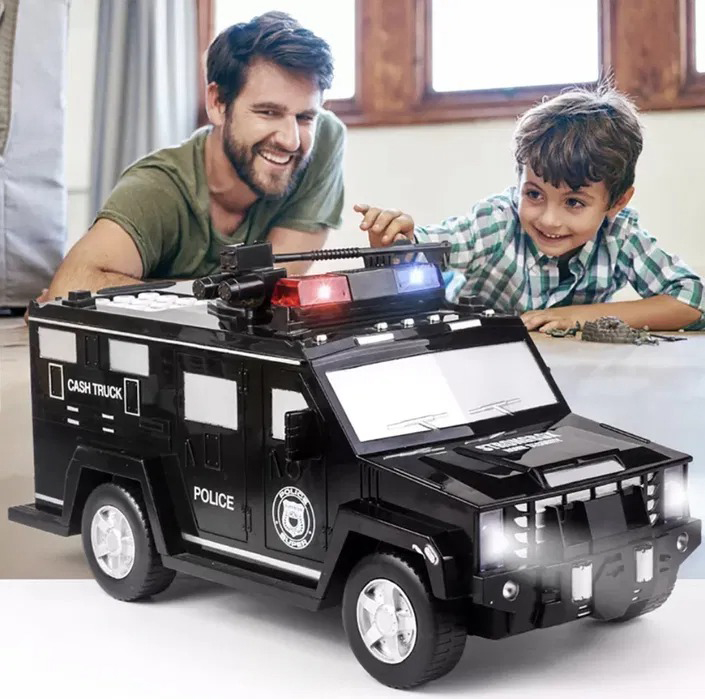 

Электронная детская копилка - сейф Полицейская машина Cash Truck с кодовым замком купюроприемником и отпечатком пальца Черная