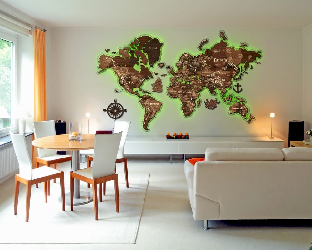 

Деревянная карта мира многослойная с подсветкой на стену из дерева LikeWood Perfect World 3D Led на акриловой стекле S 130 × 78 см Кипарис
