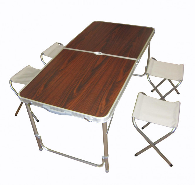 

Стол для пикника раскладной + 4 стула Folding Table 120х60х55/60/70 см 3 режима высоты, Алюминиевый каркас Коричневый