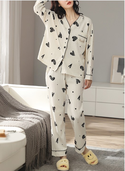 

Женская хлопковая пижама - рубашка и брюки, белая с принтом, размер 3XL