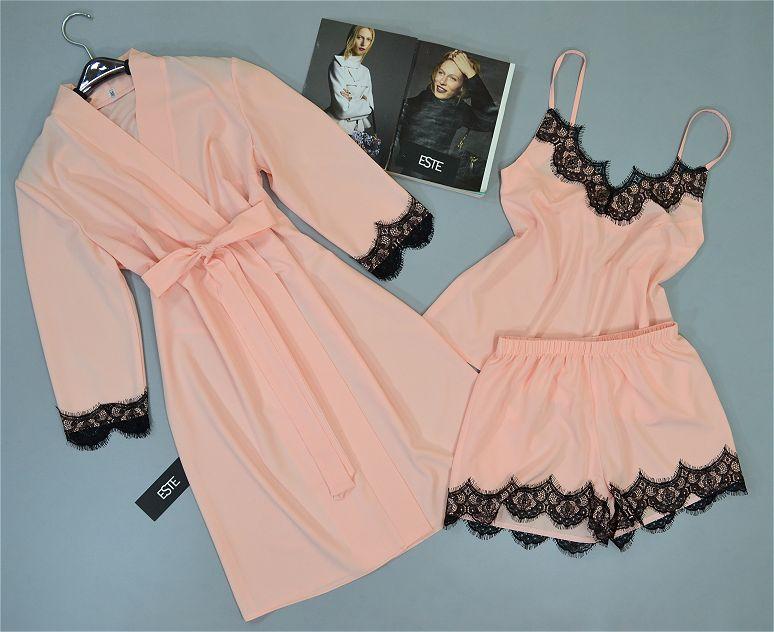 

Комплект женской домашней одежды Este халат и пижама с кружевом / персиковый 1206-1212, Комплект женской домашней одежды Este халат и пижама с кружевом 42/44 персиковый 1206-1212