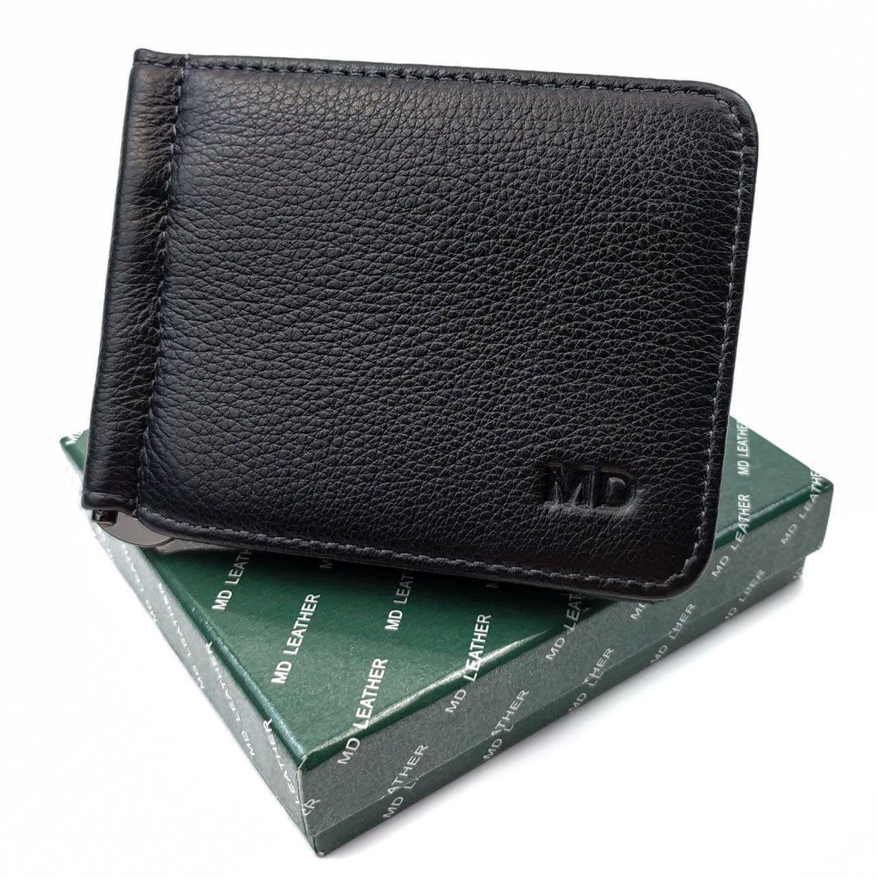 

Мужской кожаный зажим для купюр с монетницей MD Leather MD-125-22 черный