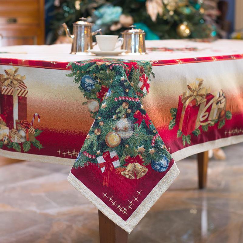 

Прямоугольная гобеленовая скатерть с люрексом на новый год "Ёлочные игрушки"140х300