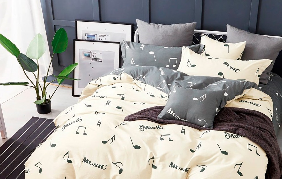 

Комплект постельного белья NSHV Двуспальный Бязь Нотки бежевый и серый постільна білизна n_4058d