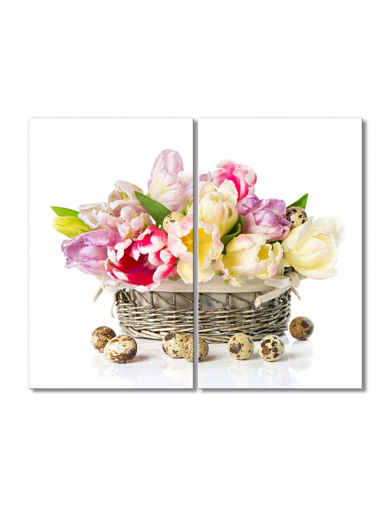 

Модульная картина Artel «Тюльпаны в корзинке и перепелиные яйца. Пасхальный натюрморт» 2 модуля 80x120 см