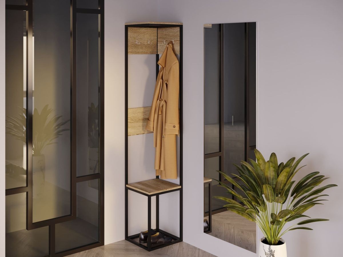 

Прихожая угловая маленькая (узкая) напольная в современном стиле Лофт от производителя DrevoGoods для коридора квартиры или дома с вешалкой для одежды и банкеткой 370x1980x380мм; металл: Черный, цвет дерева: Дуб Сонома