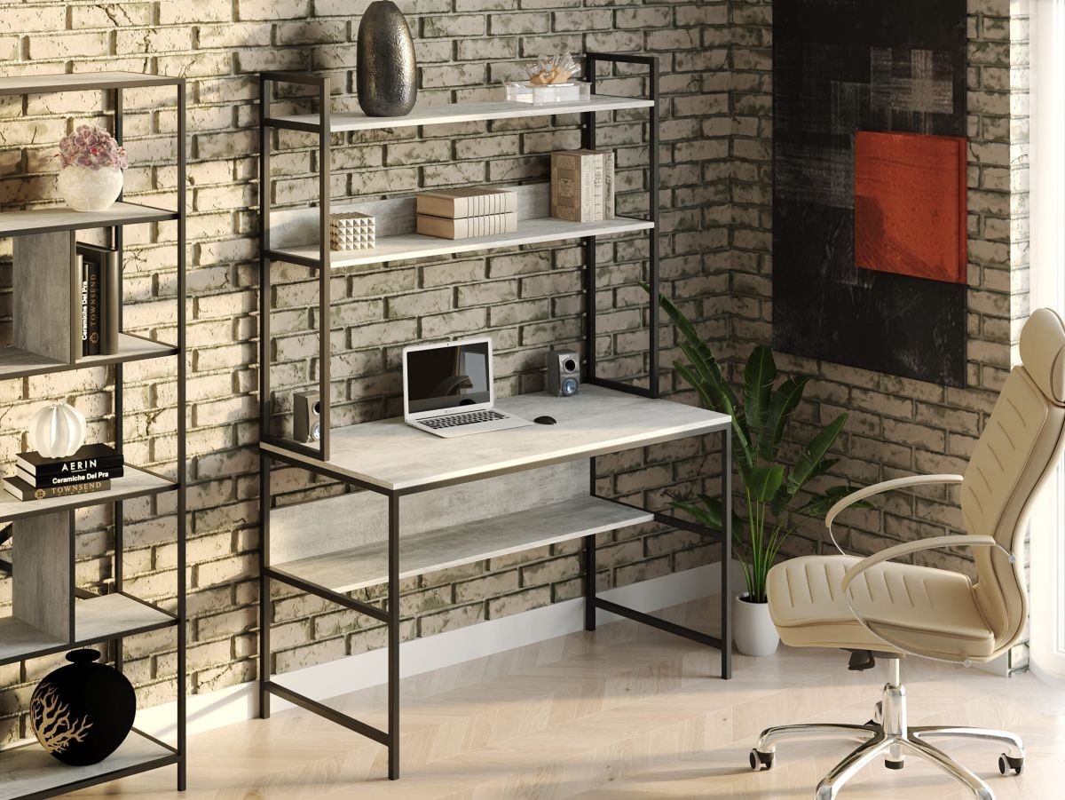

Стол компьютерный письменный с металлическим каркасом в стиле Лофт (Loft) DrevoGoods усиленный, прямой, рабочий для дома и офиса 1000х750х600мм; металл: Черный; дерево: Бетон + стеллаж с полками