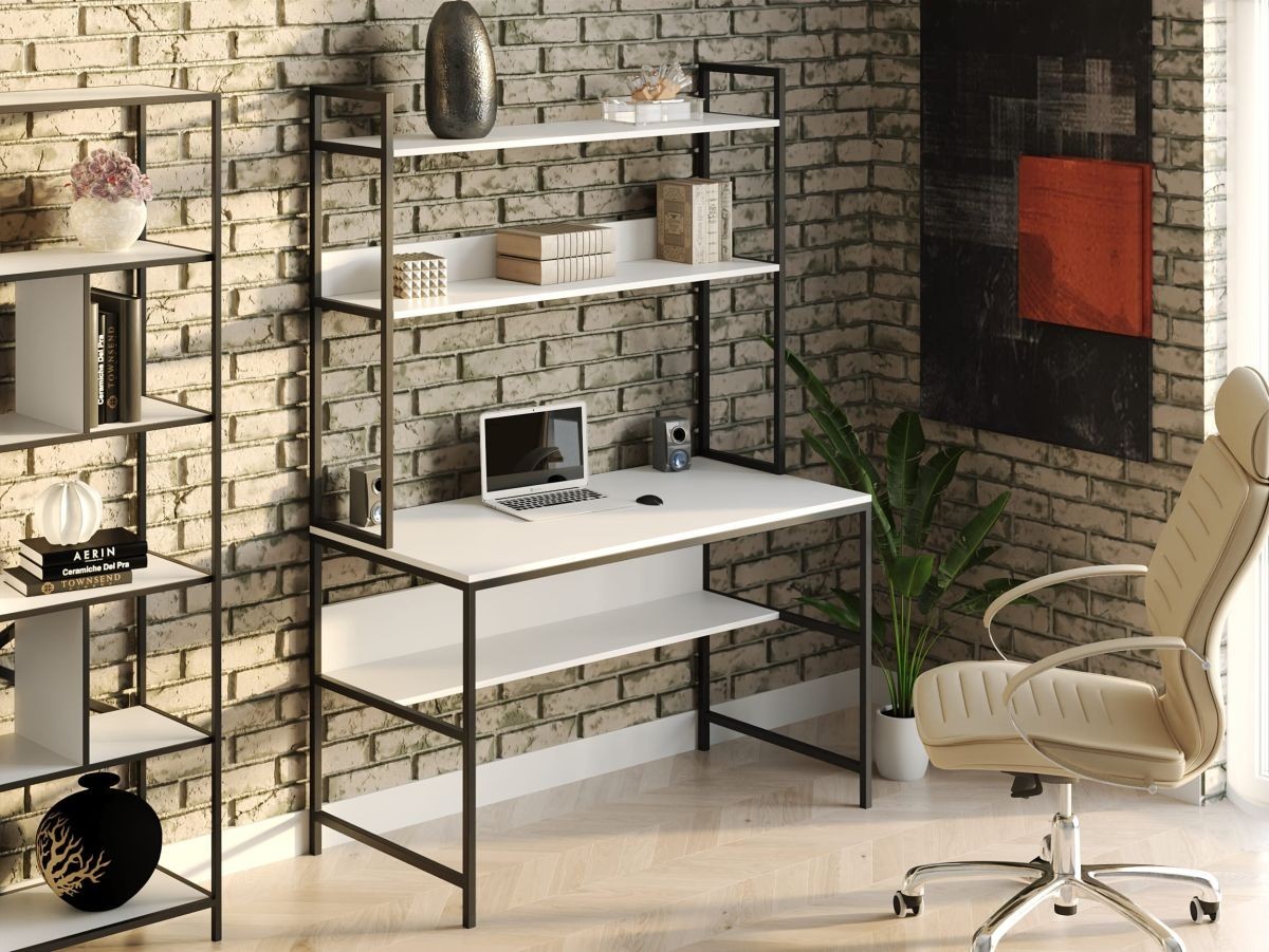 

Стол компьютерный письменный с металлическим каркасом в стиле Лофт (Loft) DrevoGoods усиленный, прямой, рабочий для дома и офиса 1200х750х600мм; металл: Черный; дерево: Белый + стеллаж с полками