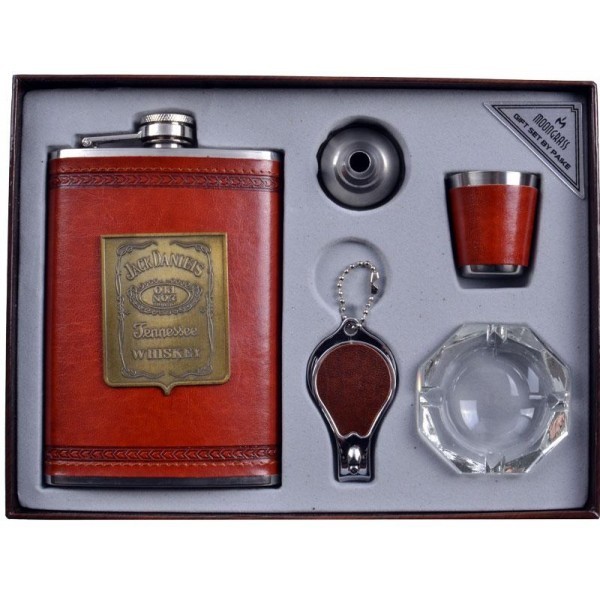 

Подарочный набор с флягой для мужчин Jack Daniels кожа+набойка (фляга,брелок,пепельница,стопка,лейка) AL701