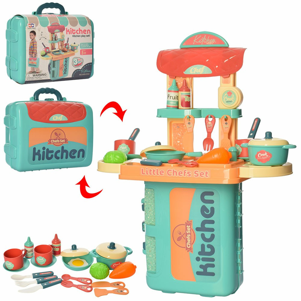 

Детская игрушечная кухня 008-976A плита, мойка, посуда, продукты, складывается в чемодан
