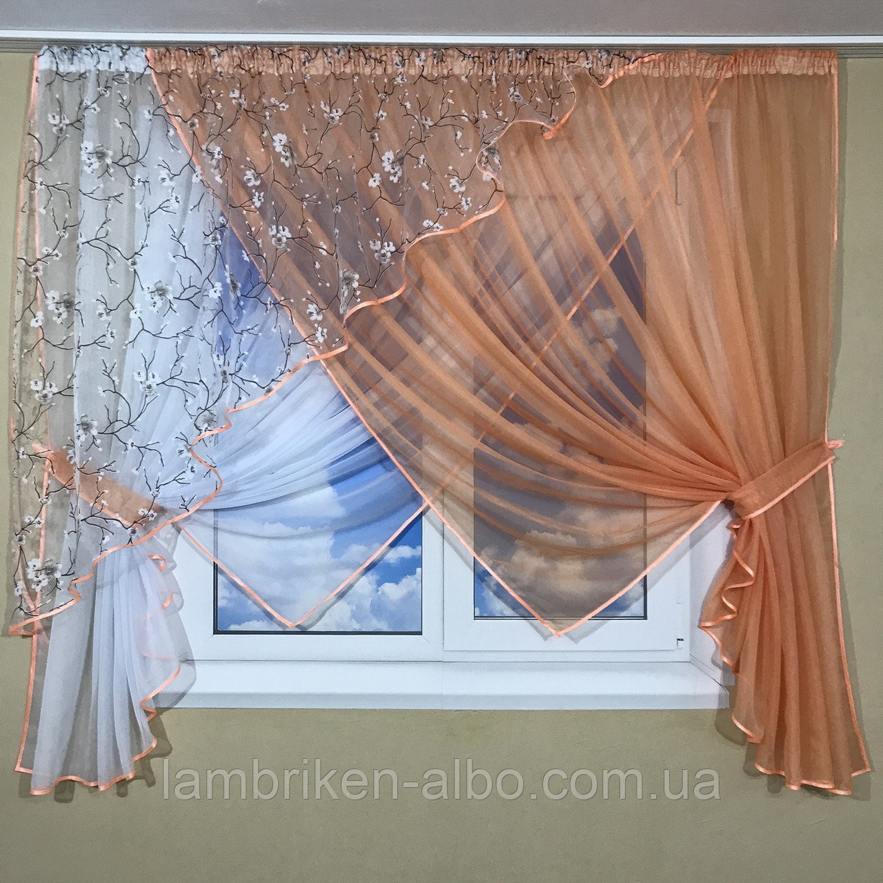 

Комплект штор Chtextil сакура Персиковый с белым
