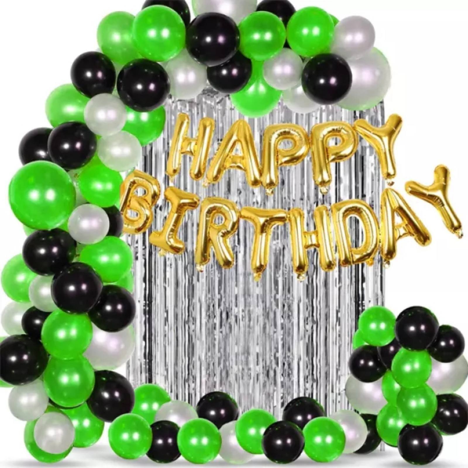 

Фотозона на день рождения из 85 шаров Зеленая с фольгированной надписью Happy Birthday