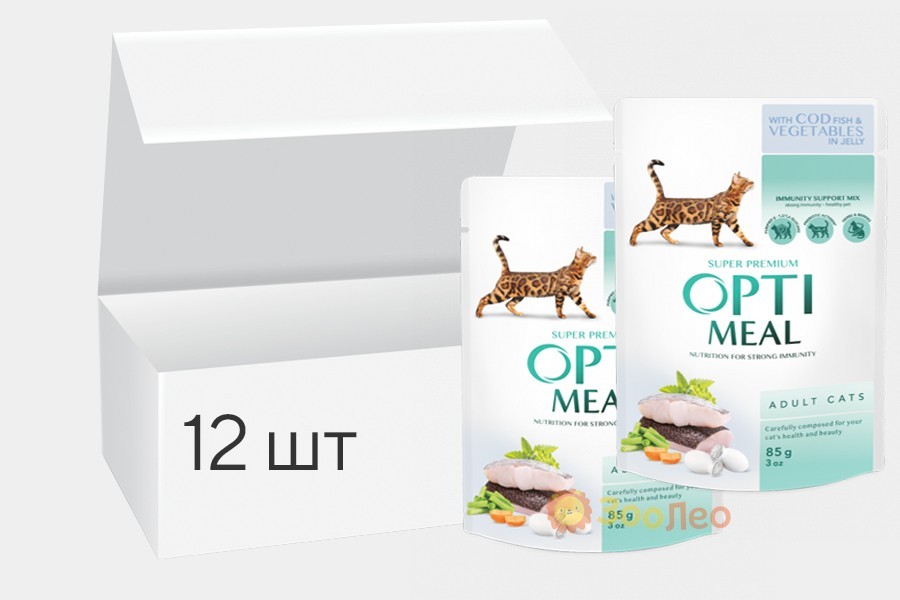 

Упаковка влажного корма для взрослых кошек Optimeal с треской и овощами в желе 85 г 12 шт