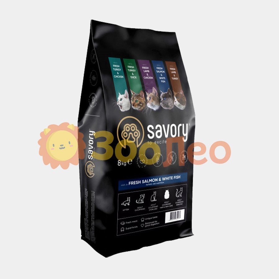 

Сухой корм для длинношерстных кошек Savory со свежим лососем и белой рыбой 8 кг