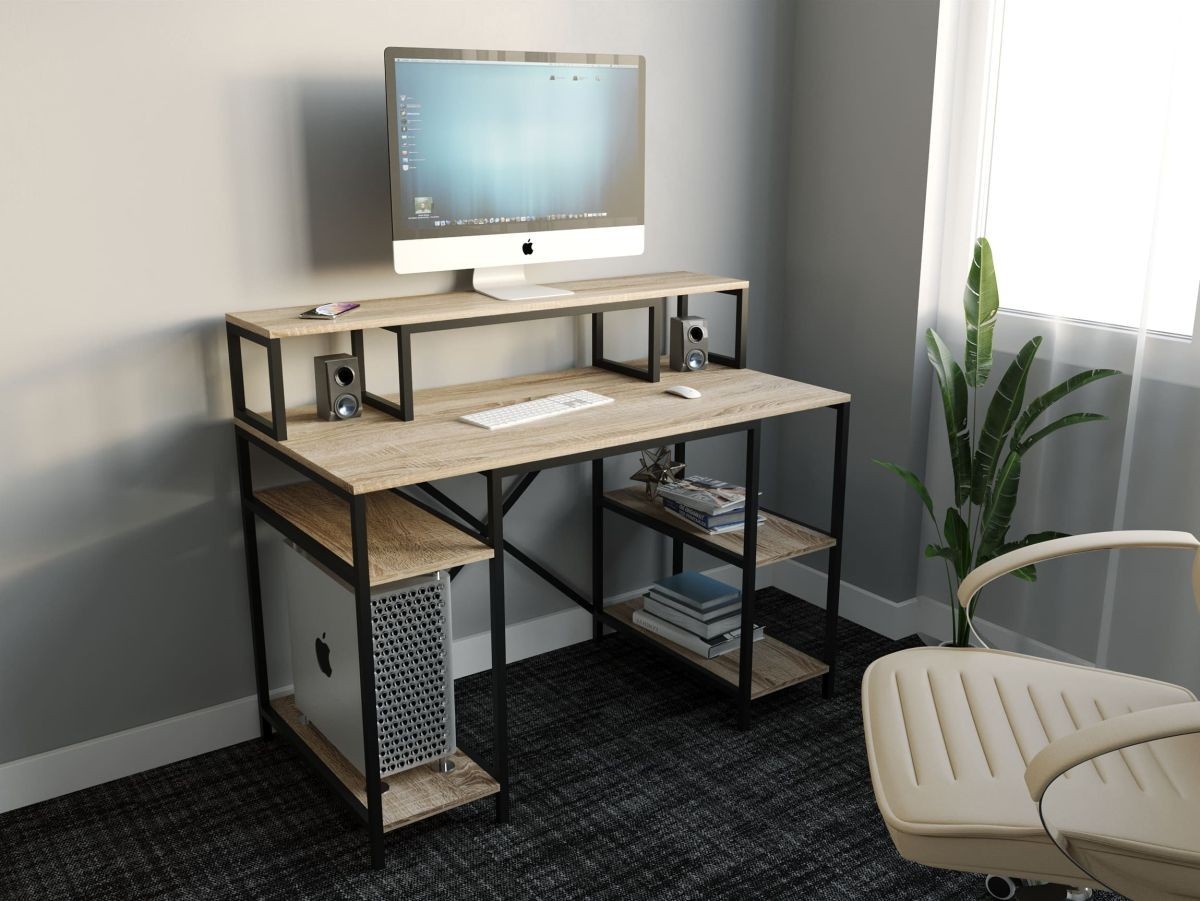

Стол компьютерный письменный с металлическим каркасом в стиле Лофт (Loft) DrevoGoods усиленный, прямой, рабочий для дома и офиса 1600х750х600мм; металл: Черный; дерево: Дуб Сонома + полка под системный блок