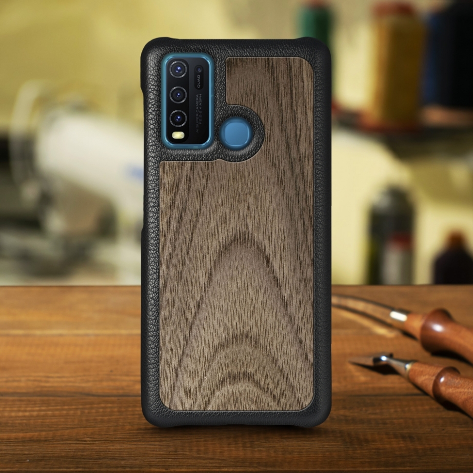 

Кожаная накладка Stenk WoodBacker для Vivo Y30 Чёрная