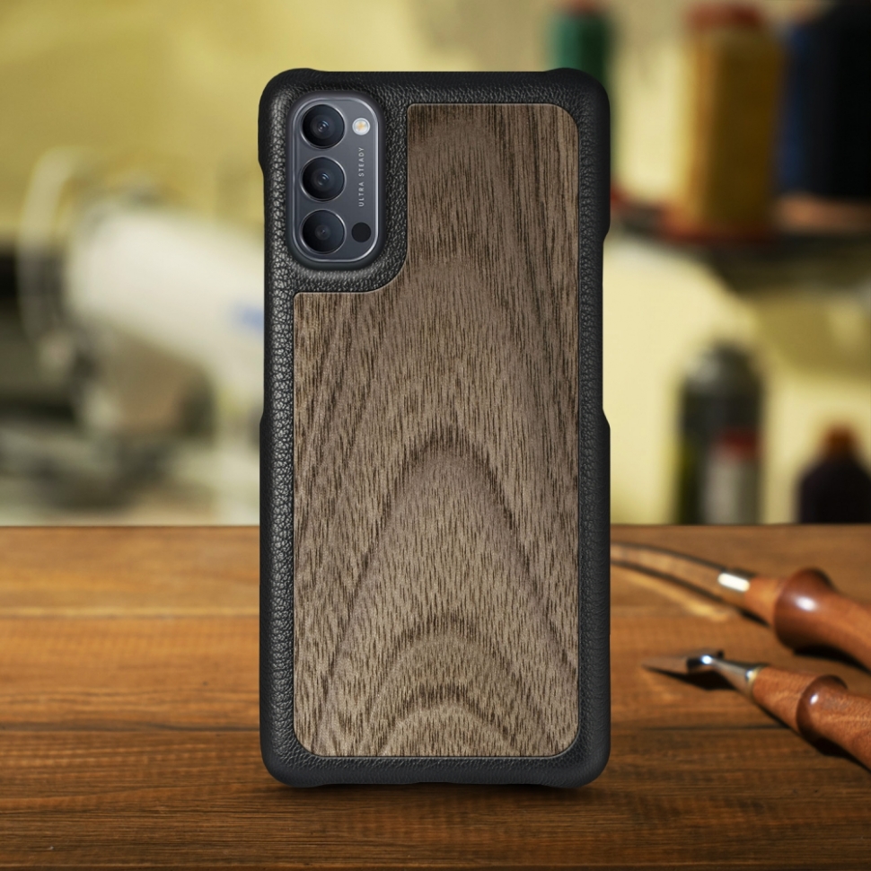 

Кожаная накладка Stenk WoodBacker для OPPO Reno4 5G Чёрная