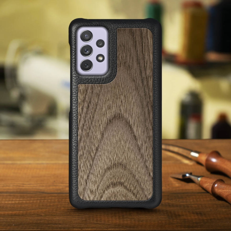 

Кожаная накладка Stenk WoodBacker для Samsung Galaxy A72 Чёрная