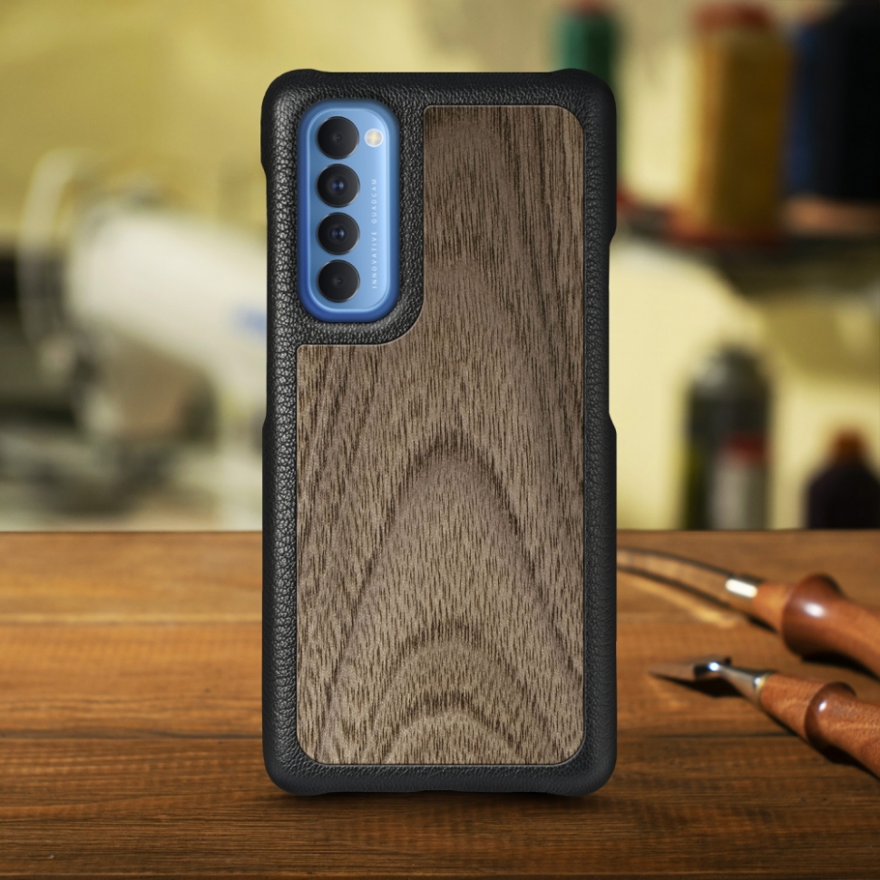 

Кожаная накладка Stenk WoodBacker для OPPO Reno4 Pro 4G Чёрная