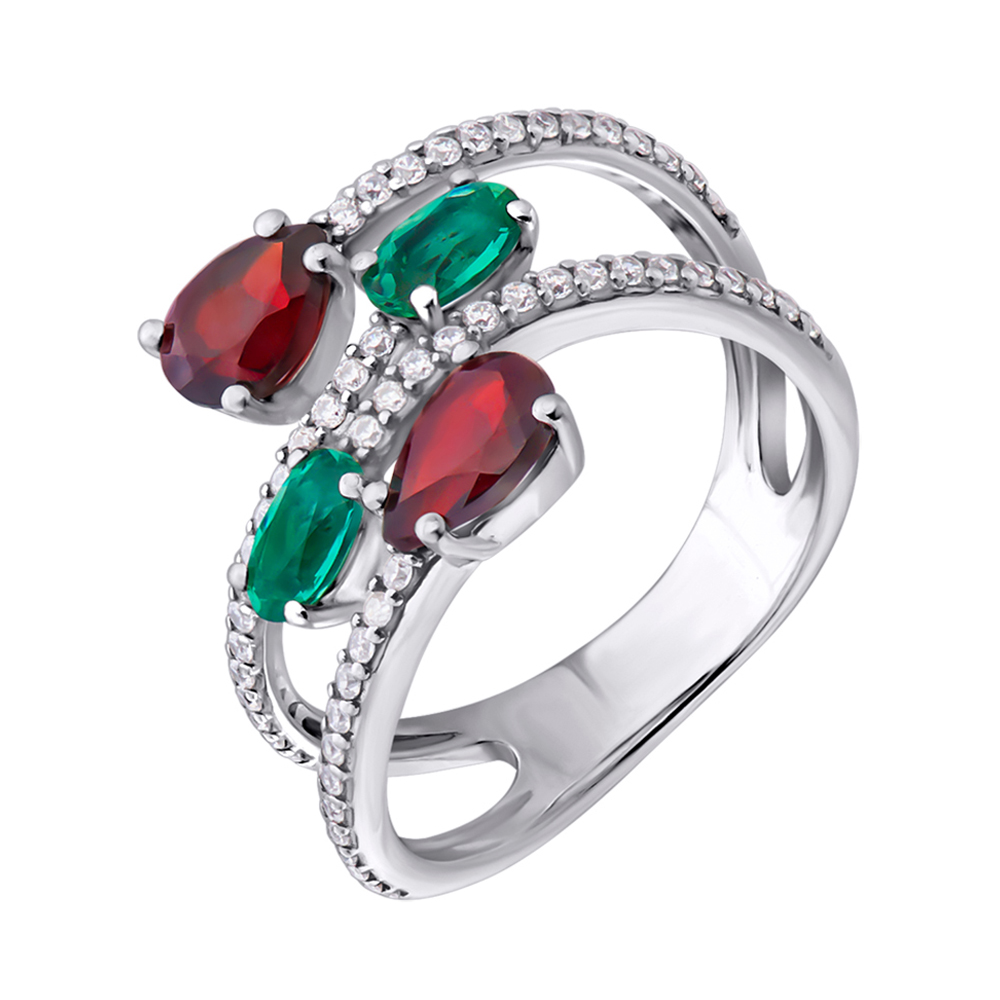 

Серебряное кольцо с гранатами, кристаллами зеленого кварца и фианитами 000063379 18 размера