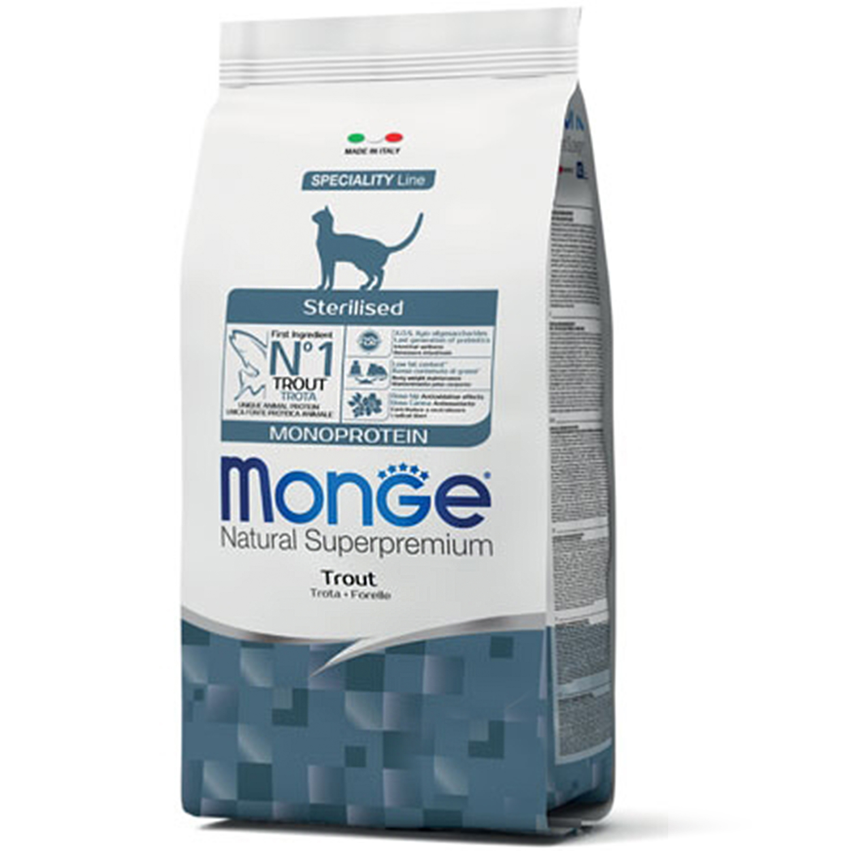 

Корм для стерилизованных кошек Monge CAT MONOPROTEIN Sterilised с форелью 1,5 кг (70005494)