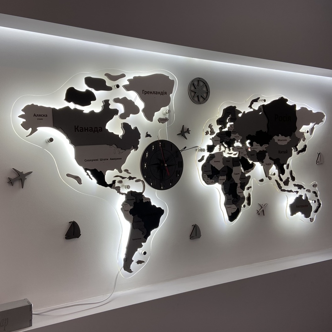 

3D Деревянная карта мира с LED подсветкой + часы 100 х 60 см от Primax-art с надписями стран в 4-х цветах серого, на украинском