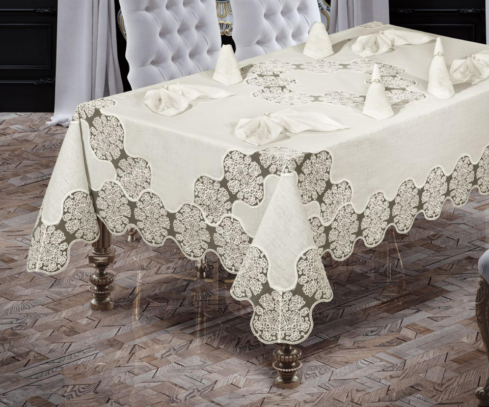 

Скатертина Ayova Defne Set 160x220 cм 8 серветок кремова