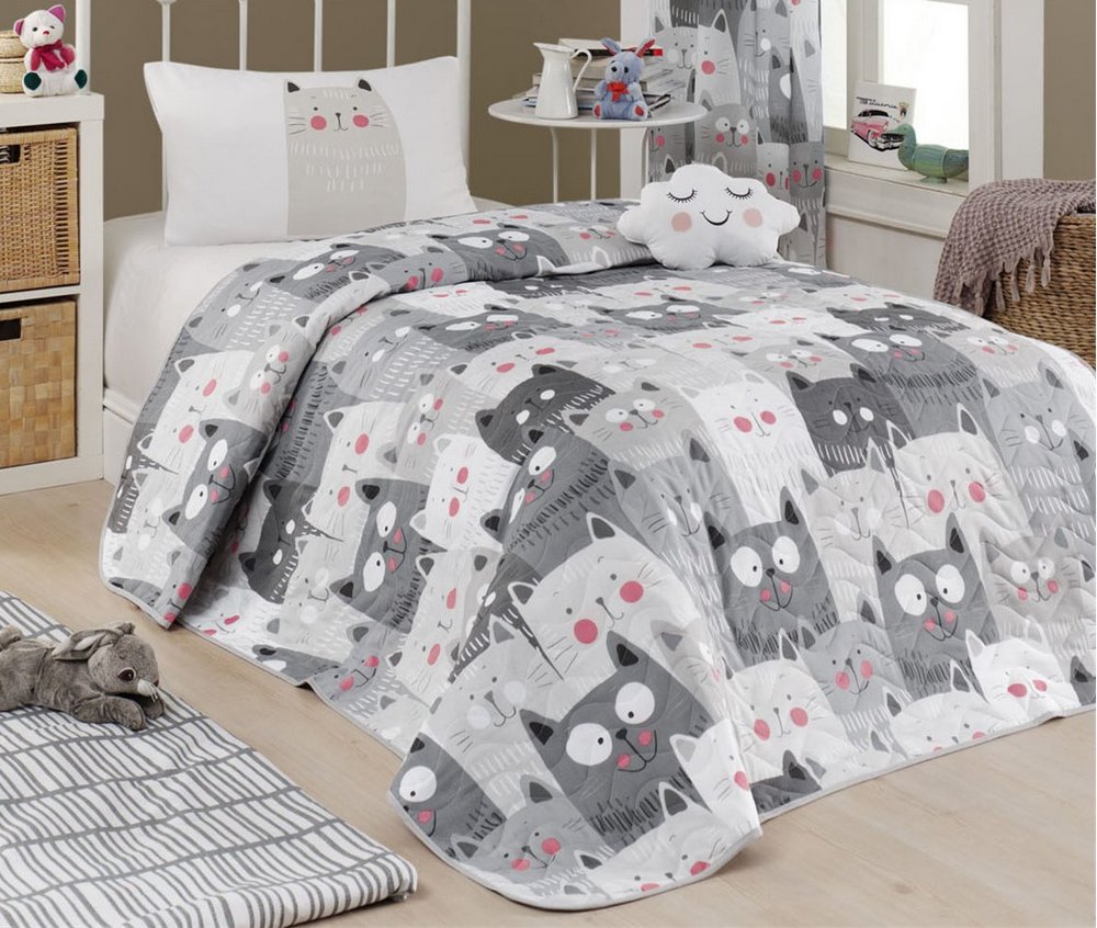 

Покрывало стеганое Eponj Home Duvarda Kediler Gri 160х220 с наволочкой 50х70
